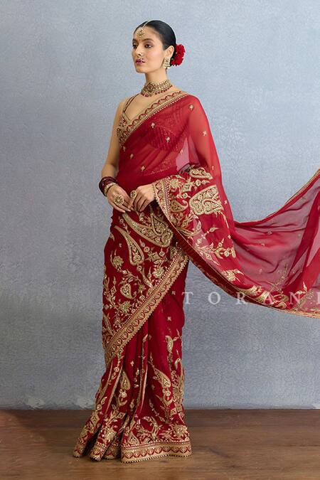 Buy_Torani_Red Georgette Embroidery, Sequins Sweetheart Neck Paisley Garden Saree Set