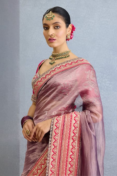 Torani_Purple Organza, Silk Diamonds Dori Bloom Embroidered Shimmer Saree Set_Online_at_Aza_Fashions