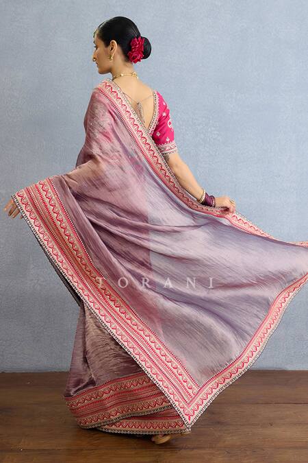 Shop_Torani_Purple Organza, Silk Diamonds Dori Bloom Embroidered Shimmer Saree Set_at_Aza_Fashions