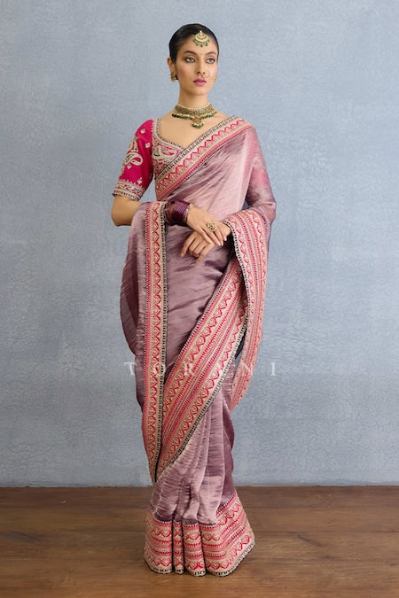 Buy_Torani_Purple Organza, Silk Diamonds Dori Bloom Embroidered Shimmer Saree Set_Online_at_Aza_Fashions