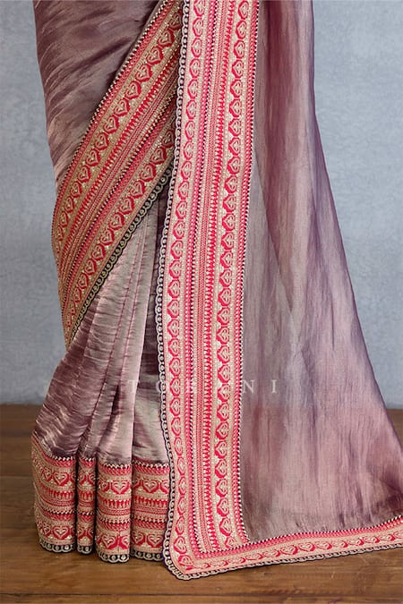 Torani_Purple Organza, Silk Diamonds Dori Bloom Embroidered Shimmer Saree Set_at_Aza_Fashions