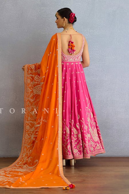 Shop Torani Pink Muslin, Georgette Pearls, Zari, Embroidery Sweetheart Paisley Anarkali Set at Aza Fashions Shop_Torani_Pink Muslin, Georgette Pearls, Zari, Embroidery Sweetheart Paisley Anarkali Set _at_Aza_Fashions