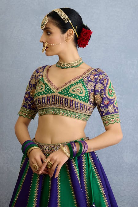 Torani Purple Georgette, Chiffon, Silk Pearls, Zari Green Embroidered Lehenga Set Online at Aza Fashions Torani_Purple Georgette, Chiffon, Silk Pearls, Zari Green Embroidered Lehenga Set _Online_at_Aza_Fashions