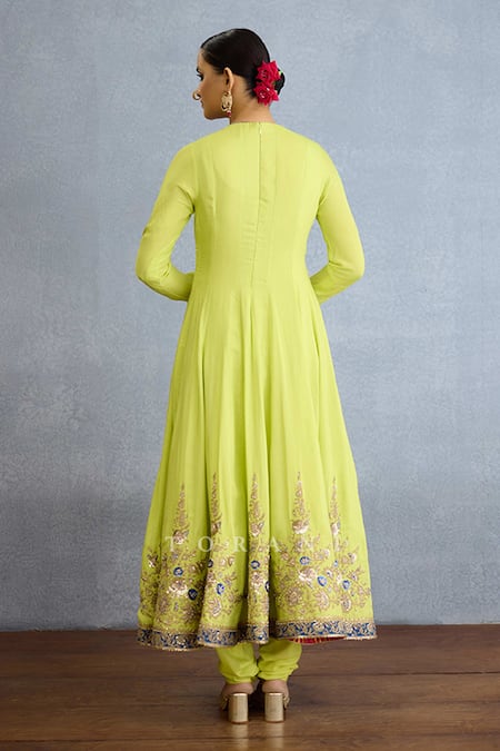 Shop_Torani_Green Muslin, Georgette, Silk Pearls, Zari, Embellished Lime Anarkali Set _at_Aza_Fashions