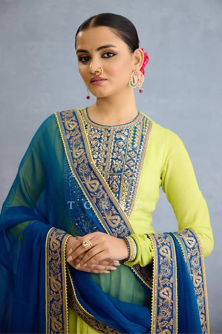 Torani_Green Muslin, Georgette, Silk Pearls, Zari, Embellished Lime Anarkali Set _Online_at_Aza_Fashions
