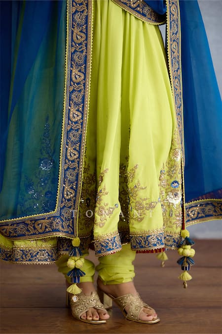 Buy_Torani_Green Muslin, Georgette, Silk Pearls, Zari, Embellished Lime Anarkali Set _Online_at_Aza_Fashions