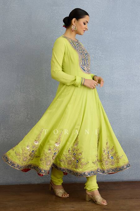 Shop_Torani_Green Muslin, Georgette, Silk Pearls, Zari, Embellished Lime Anarkali Set _Online_at_Aza_Fashions