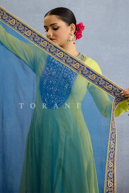 Torani_Green Muslin, Georgette, Silk Pearls, Zari, Embellished Lime Anarkali Set _at_Aza_Fashions