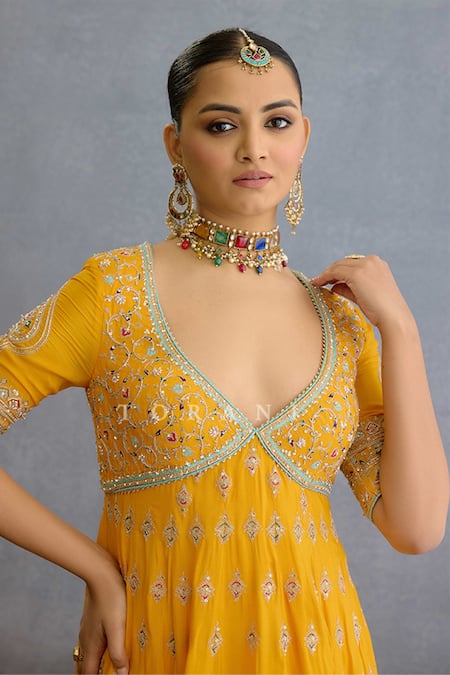 Torani Yellow Chiffon, Muslin, Silk Pearls, Zari, Diamonds, Dori Anarkali Set Online at Aza Fashions Torani_Yellow Chiffon, Muslin, Silk Pearls, Zari, Diamonds, Dori Anarkali Set _Online_at_Aza_Fashions