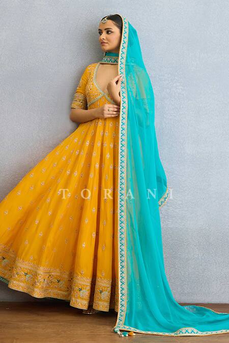 Buy Torani Yellow Chiffon, Muslin, Silk Pearls, Zari, Diamonds, Dori Anarkali Set Online at Aza Fashions Buy_Torani_Yellow Chiffon, Muslin, Silk Pearls, Zari, Diamonds, Dori Anarkali Set _Online_at_Aza_Fashions