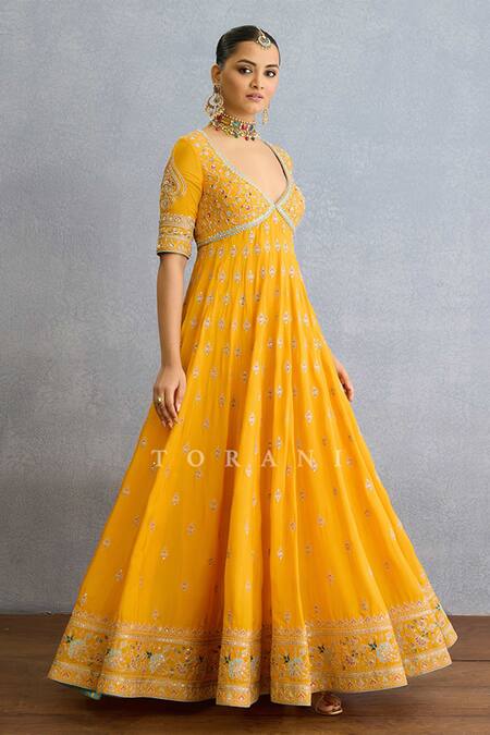 Shop Torani Yellow Chiffon, Muslin, Silk Pearls, Zari, Diamonds, Dori Anarkali Set Online at Aza Fashions Shop_Torani_Yellow Chiffon, Muslin, Silk Pearls, Zari, Diamonds, Dori Anarkali Set _Online_at_Aza_Fashions