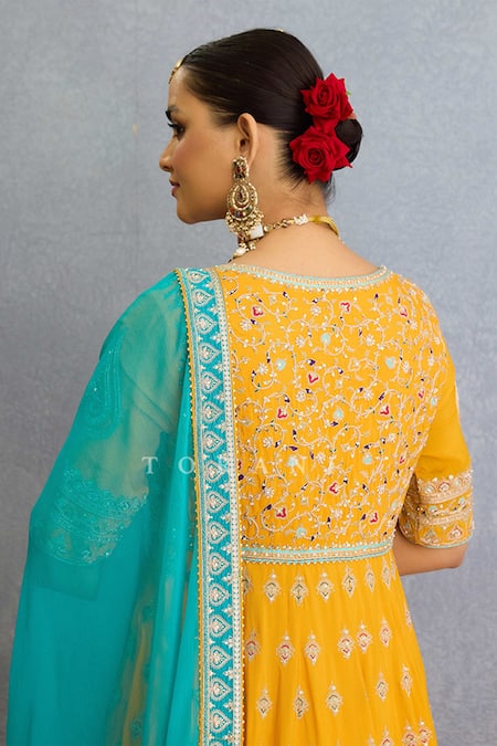 Shop Torani Yellow Chiffon, Muslin, Silk Pearls, Zari, Diamonds, Dori Anarkali Set at Aza Fashions Shop_Torani_Yellow Chiffon, Muslin, Silk Pearls, Zari, Diamonds, Dori Anarkali Set _at_Aza_Fashions