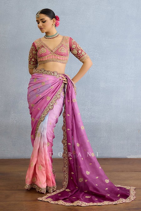 Shop Torani Multi Color Viscose Cut Work, Diamonds, Scallop Border Embroidered Saree Set Online at Aza Fashions Shop_Torani_Multi Color Viscose Cut Work, Diamonds, Scallop Border Embroidered Saree Set_Online_at_Aza_Fashions