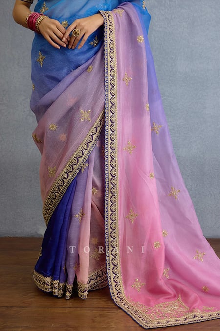 Buy_Torani_Multi Color Chiffon, Georgette Diamonds, Embroidery, Pearls Ombre Saree Set_Online_at_Aza_Fashions