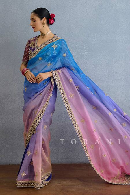 Shop_Torani_Multi Color Chiffon, Georgette Diamonds, Embroidery, Pearls Ombre Saree Set_Online_at_Aza_Fashions