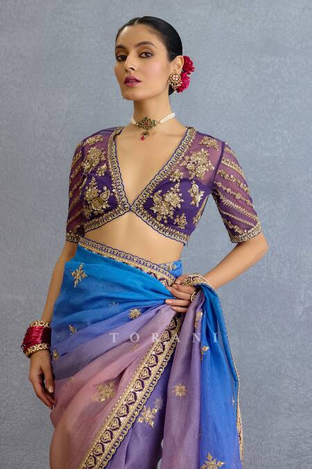 Torani_Multi Color Chiffon, Georgette Diamonds, Embroidery, Pearls Ombre Saree Set_at_Aza_Fashions