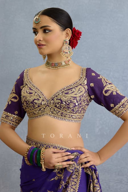 Torani Purple Georgette Pearls, Cut Work Asymmetric Paisley Embroidered Saree Set Online at Aza Fashions Torani_Purple Georgette Pearls, Cut Work Asymmetric Paisley Embroidered Saree Set _Online_at_Aza_Fashions