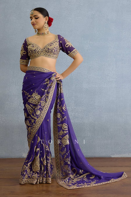Buy Torani Purple Georgette Pearls, Cut Work Asymmetric Paisley Embroidered Saree Set Online at Aza Fashions Buy_Torani_Purple Georgette Pearls, Cut Work Asymmetric Paisley Embroidered Saree Set _Online_at_Aza_Fashions
