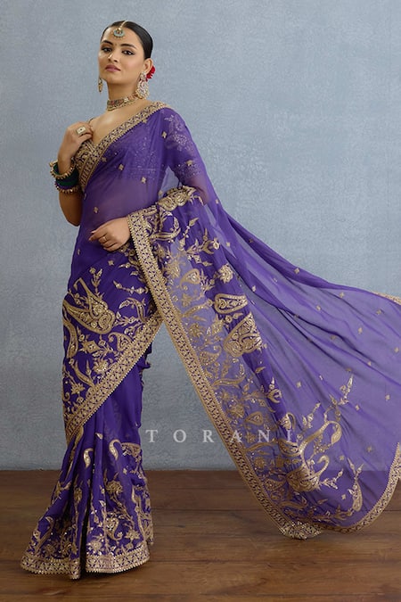 Shop Torani Purple Georgette Pearls, Cut Work Asymmetric Paisley Embroidered Saree Set Online at Aza Fashions Shop_Torani_Purple Georgette Pearls, Cut Work Asymmetric Paisley Embroidered Saree Set _Online_at_Aza_Fashions