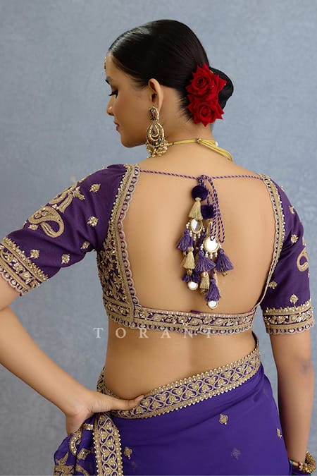 Torani Purple Georgette Pearls, Cut Work Asymmetric Paisley Embroidered Saree Set at Aza Fashions Torani_Purple Georgette Pearls, Cut Work Asymmetric Paisley Embroidered Saree Set _at_Aza_Fashions