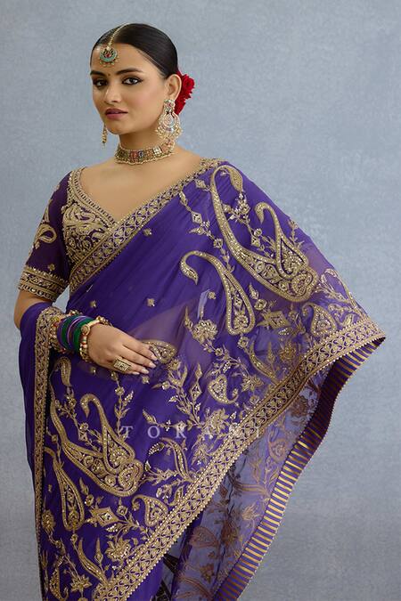 Buy Torani Purple Georgette Pearls, Cut Work Asymmetric Paisley Embroidered Saree Set Buy_Torani_Purple Georgette Pearls, Cut Work Asymmetric Paisley Embroidered Saree Set