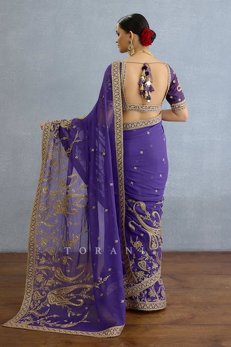 Shop Torani Purple Georgette Pearls, Cut Work Asymmetric Paisley Embroidered Saree Set at Aza Fashions Shop_Torani_Purple Georgette Pearls, Cut Work Asymmetric Paisley Embroidered Saree Set _at_Aza_Fashions