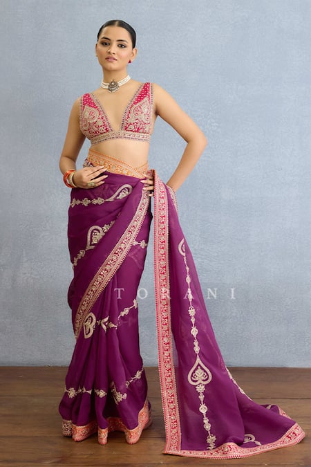 Torani Purple Georgette Diamonds, Embroidery, Pearls Plunge Stripe Saree With Blouse Online at Aza Fashions Torani_Purple Georgette Diamonds, Embroidery, Pearls Plunge Stripe Saree With Blouse_Online_at_Aza_Fashions