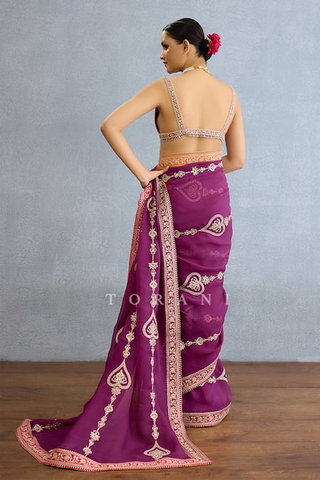 Shop Torani Purple Georgette Diamonds, Embroidery, Pearls Plunge Stripe Saree With Blouse at Aza Fashions Shop_Torani_Purple Georgette Diamonds, Embroidery, Pearls Plunge Stripe Saree With Blouse_at_Aza_Fashions