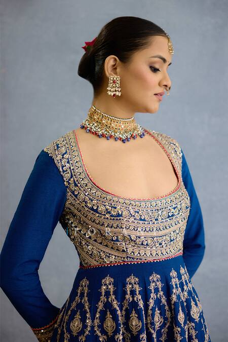 Torani_Blue Georgette, Muslin, Silk Pearls, Zari, Embroidery Checkered Anarkali Set _Online_at_Aza_Fashions