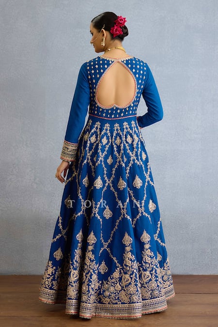 Shop_Torani_Blue Georgette, Muslin, Silk Pearls, Zari, Embroidery Checkered Anarkali Set _at_Aza_Fashions