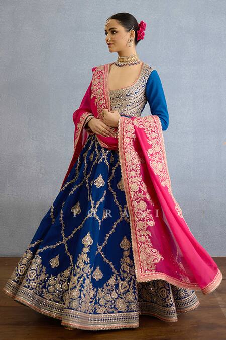 Buy_Torani_Blue Georgette, Muslin, Silk Pearls, Zari, Embroidery Checkered Anarkali Set _Online_at_Aza_Fashions
