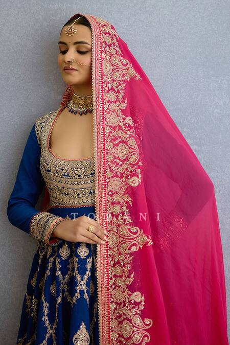 Shop_Torani_Blue Georgette, Muslin, Silk Pearls, Zari, Embroidery Checkered Anarkali Set _Online_at_Aza_Fashions