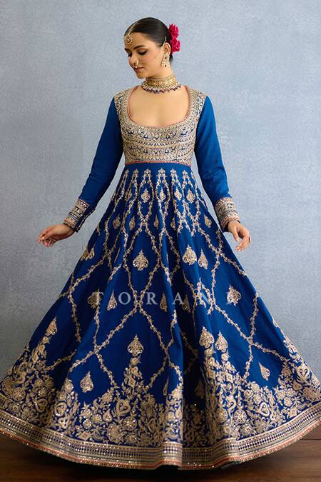 Torani_Blue Georgette, Muslin, Silk Pearls, Zari, Embroidery Checkered Anarkali Set _at_Aza_Fashions