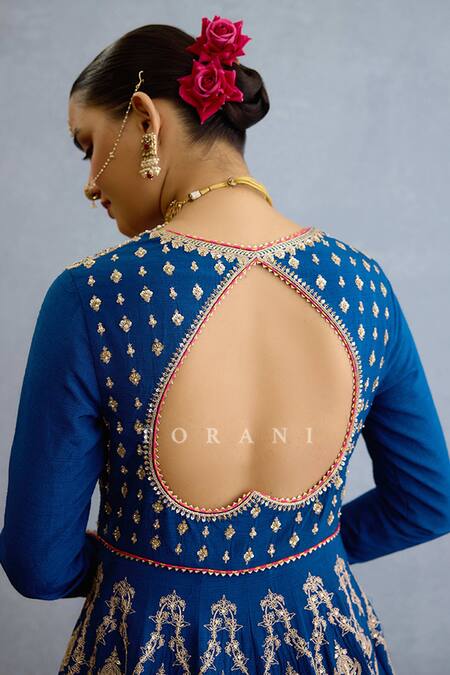 Buy_Torani_Blue Georgette, Muslin, Silk Pearls, Zari, Embroidery Checkered Anarkali Set 