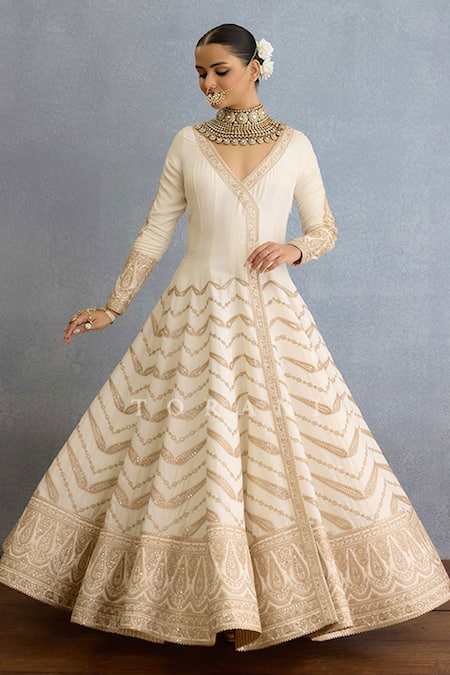 Shop_Torani_Ivory Muslin, Silk, Organza Pearls, Zari Embroidered Angarakha Anarkali Set _at_Aza_Fashions