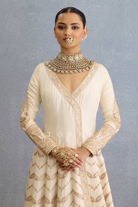 Torani_Ivory Muslin, Silk, Organza Pearls, Zari Embroidered Angarakha Anarkali Set _Online_at_Aza_Fashions