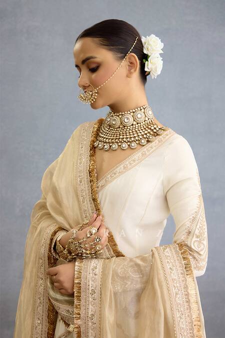 Buy_Torani_Ivory Muslin, Silk, Organza Pearls, Zari Embroidered Angarakha Anarkali Set _Online_at_Aza_Fashions