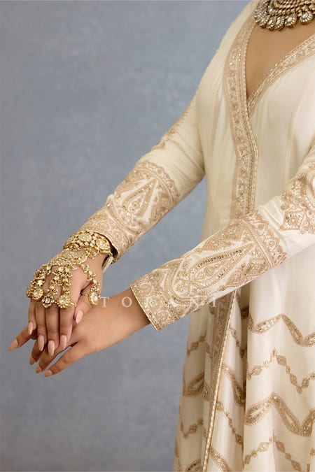 Shop_Torani_Ivory Muslin, Silk, Organza Pearls, Zari Embroidered Angarakha Anarkali Set _Online_at_Aza_Fashions