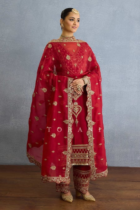 Torani Red Silk, Chiffon, Georgette Pearls, Floral Vine Embroidered Kurta Pant Set Online at Aza Fashions Torani_Red Silk, Chiffon, Georgette Pearls, Floral Vine Embroidered Kurta Pant Set _Online_at_Aza_Fashions