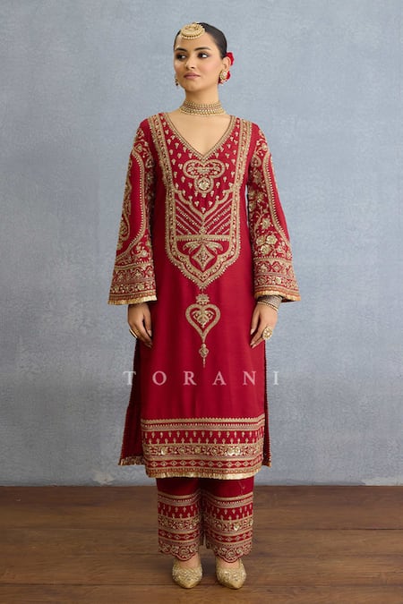 Buy Torani Red Silk, Chiffon, Georgette Pearls, Floral Vine Embroidered Kurta Pant Set Online at Aza Fashions Buy_Torani_Red Silk, Chiffon, Georgette Pearls, Floral Vine Embroidered Kurta Pant Set _Online_at_Aza_Fashions
