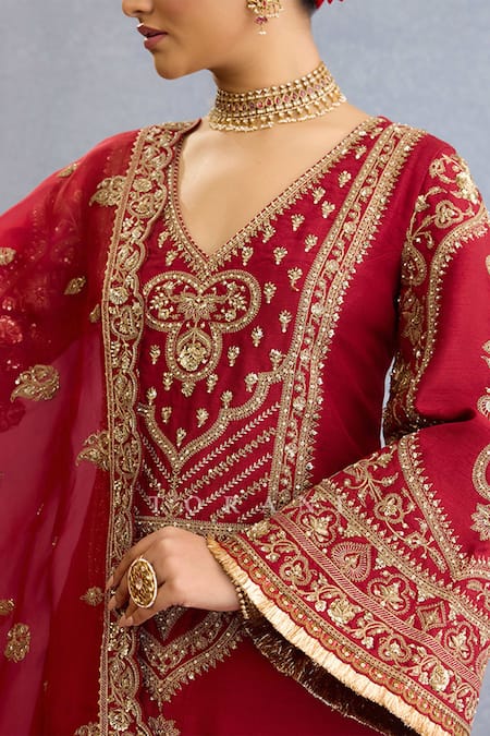 Shop Torani Red Silk, Chiffon, Georgette Pearls, Floral Vine Embroidered Kurta Pant Set Online at Aza Fashions Shop_Torani_Red Silk, Chiffon, Georgette Pearls, Floral Vine Embroidered Kurta Pant Set _Online_at_Aza_Fashions