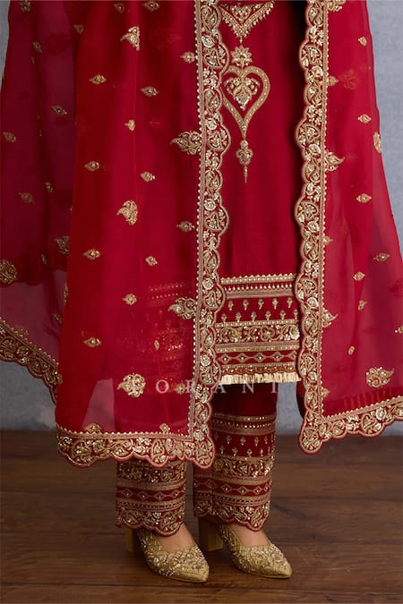 Torani Red Silk, Chiffon, Georgette Pearls, Floral Vine Embroidered Kurta Pant Set at Aza Fashions Torani_Red Silk, Chiffon, Georgette Pearls, Floral Vine Embroidered Kurta Pant Set _at_Aza_Fashions
