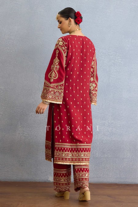 Shop Torani Red Silk, Chiffon, Georgette Pearls, Floral Vine Embroidered Kurta Pant Set at Aza Fashions Shop_Torani_Red Silk, Chiffon, Georgette Pearls, Floral Vine Embroidered Kurta Pant Set _at_Aza_Fashions