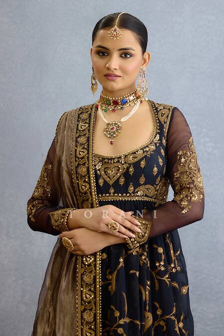 Buy_Torani_Black Georgette, Muslin, Silk, Organza Pearls, Embroidered Anarkali Set _Online_at_Aza_Fashions