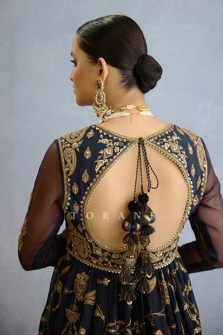 Shop_Torani_Black Georgette, Muslin, Silk, Organza Pearls, Embroidered Anarkali Set _Online_at_Aza_Fashions