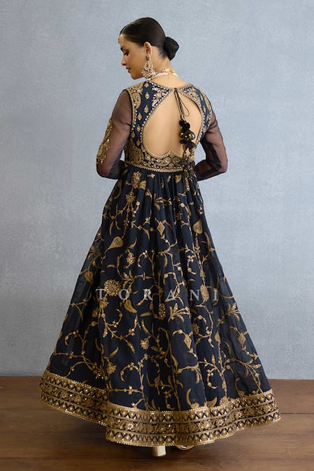 Shop_Torani_Black Georgette, Muslin, Silk, Organza Pearls, Embroidered Anarkali Set _at_Aza_Fashions