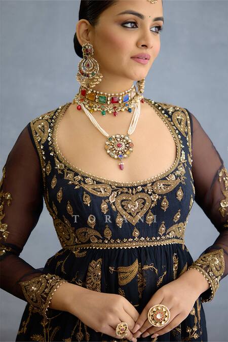 Torani_Black Georgette, Muslin, Silk, Organza Pearls, Embroidered Anarkali Set _at_Aza_Fashions