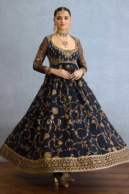 Buy_Torani_Black Georgette, Muslin, Silk, Organza Pearls, Embroidered Anarkali Set 
