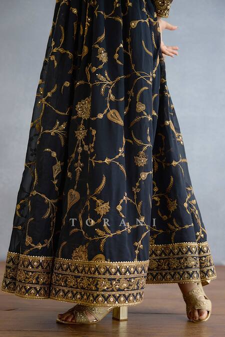 Shop_Torani_Black Georgette, Muslin, Silk, Organza Pearls, Embroidered Anarkali Set 
