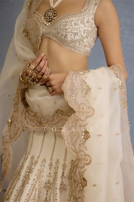 Shop_Torani_Ivory Silk, Jersey, Organza Pearls, Zari Embroidered Mermaid Lehenga Set _Online_at_Aza_Fashions
